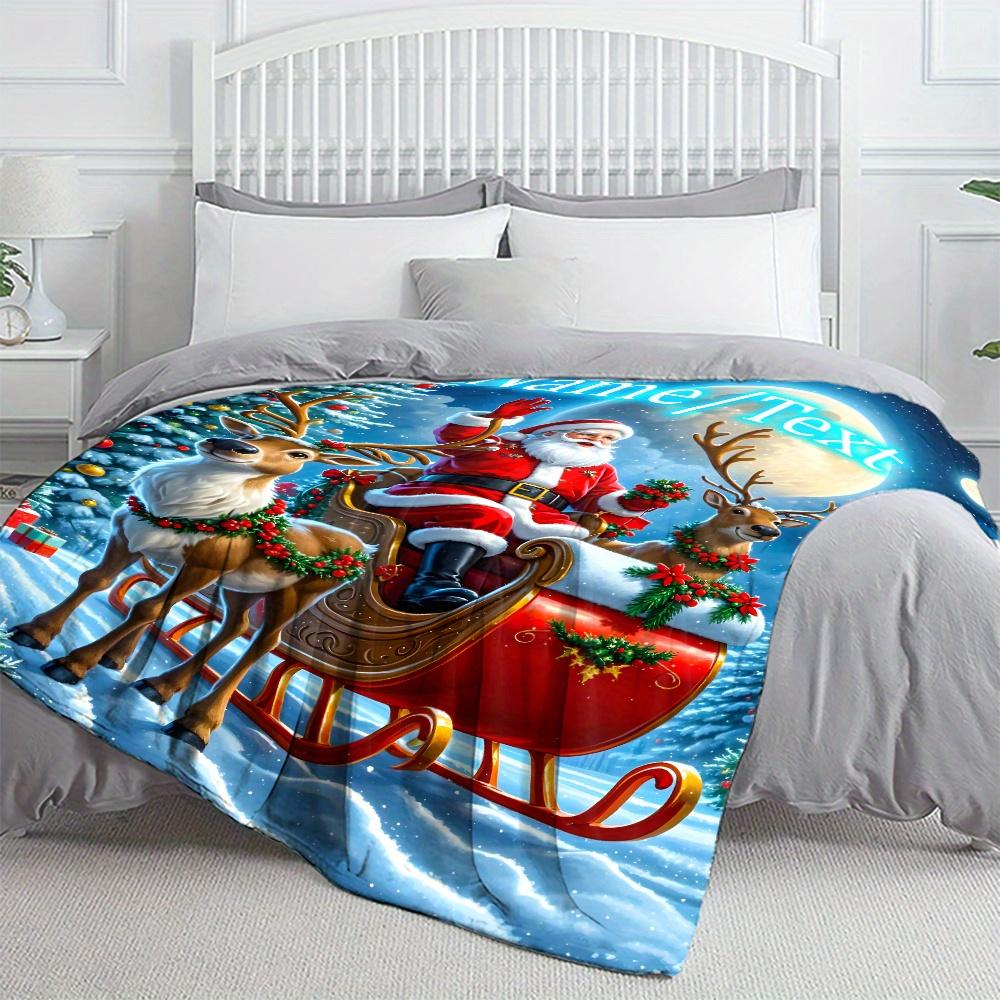 [1pc Christmas Throw Blanket] Soft Custom 1pc Christmas Santa Claus Reindeer Sleigh Snowy Scene Flannel Throw Blanket | 3D Digit
