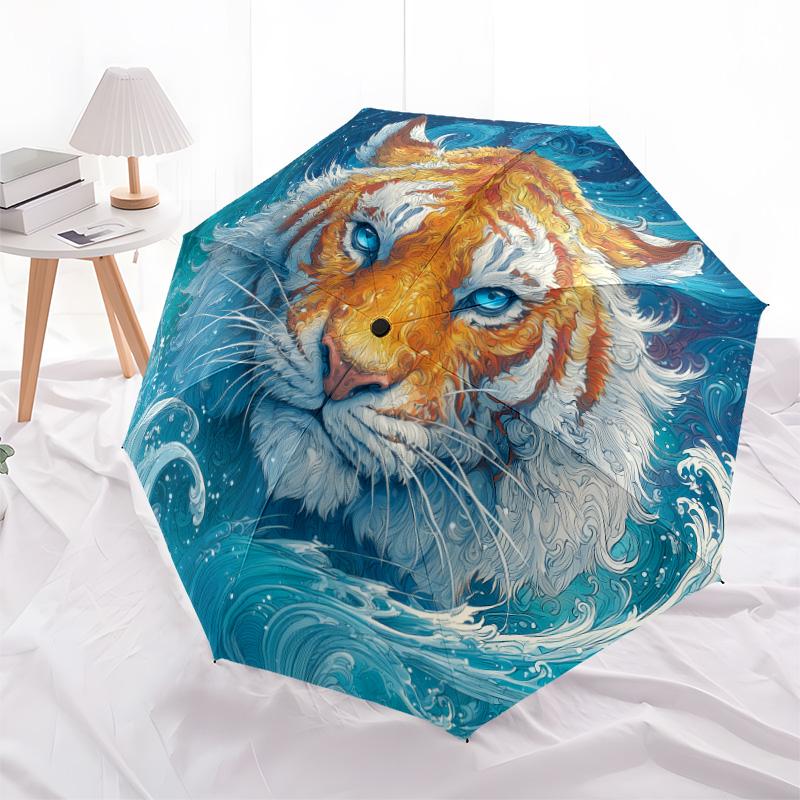 Tiger Head  Pattern, Automatic Folding Umbrella, Portable and Foldable Design, 8 Ribs, a Christmas or Birthday Gift.