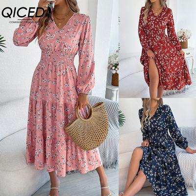 Elegant V-neck, Long-sleeved, Cinched Waist, Ruffled A-line Skirt Women's Clothing for Autumn and Winter
