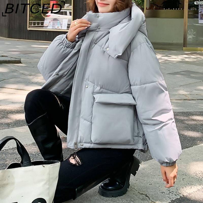 BITCED Women's Loose-Fit Puffer Jacket with Hood - Short-Length Thickened Winter Coat