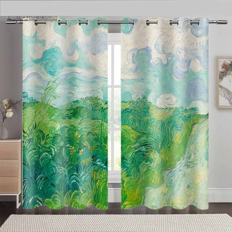 

Nordic Simple Curtain Ins Curtain Искусство Ван Гога Пейзаж Картина маслом Зеленый сад Гостиная Окно от пола до потолка Полутень (50Wx50H)x2(CM)&Grommet Top