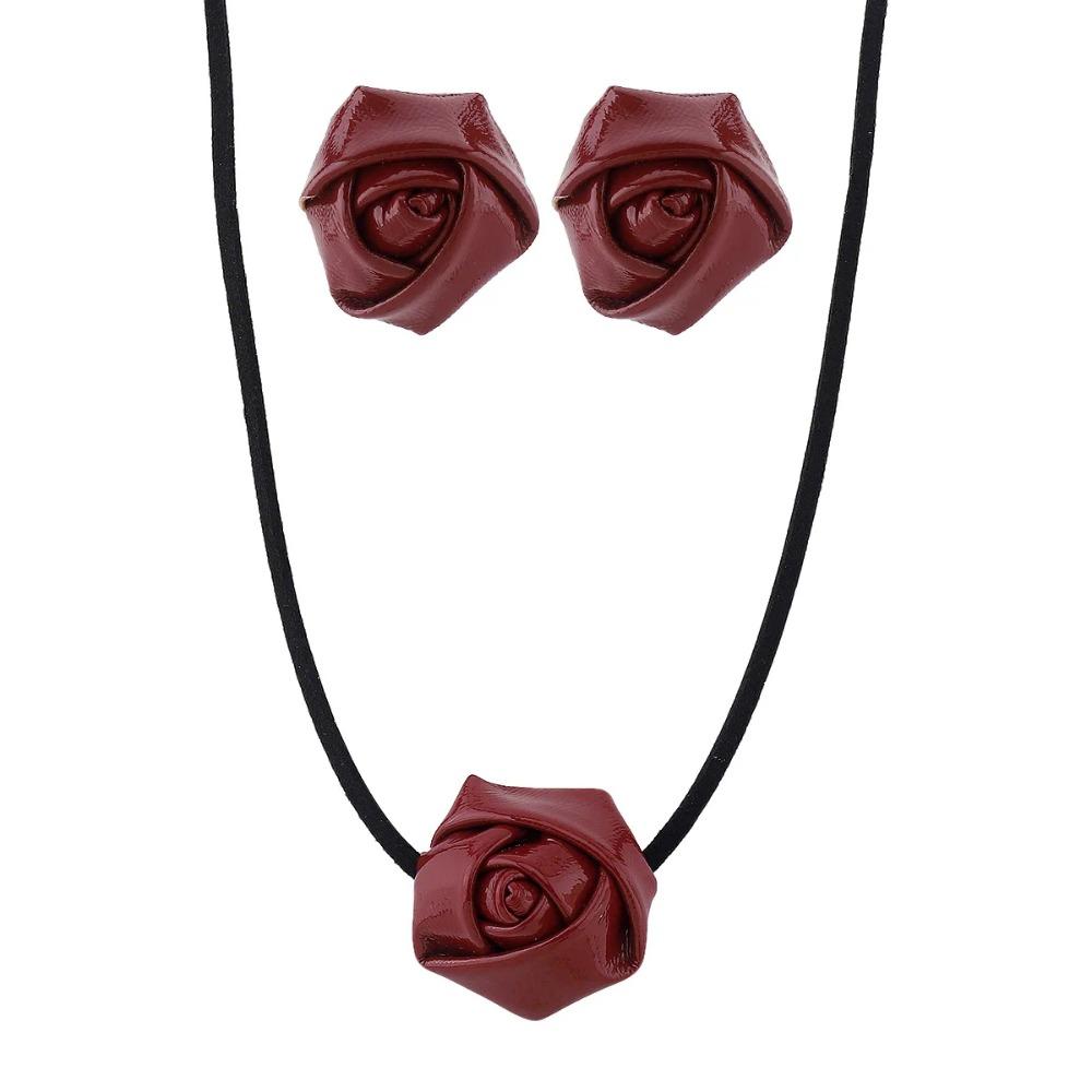 Retro Style Rose Flower Necklace PU Leather Flower Stud Earrings Adjustable Rope Choker  Women