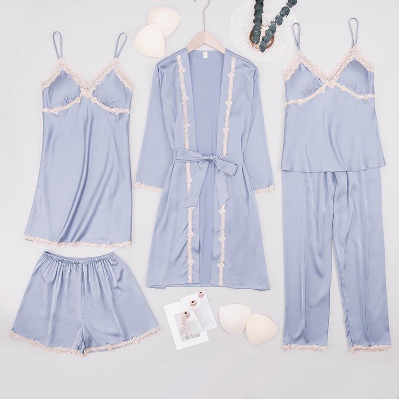 Yao Ting Satin Chiffon Five-Piece Pajama Set: Ice Silk, Casual, Sexy, with Chest Pads for Spring/Summer