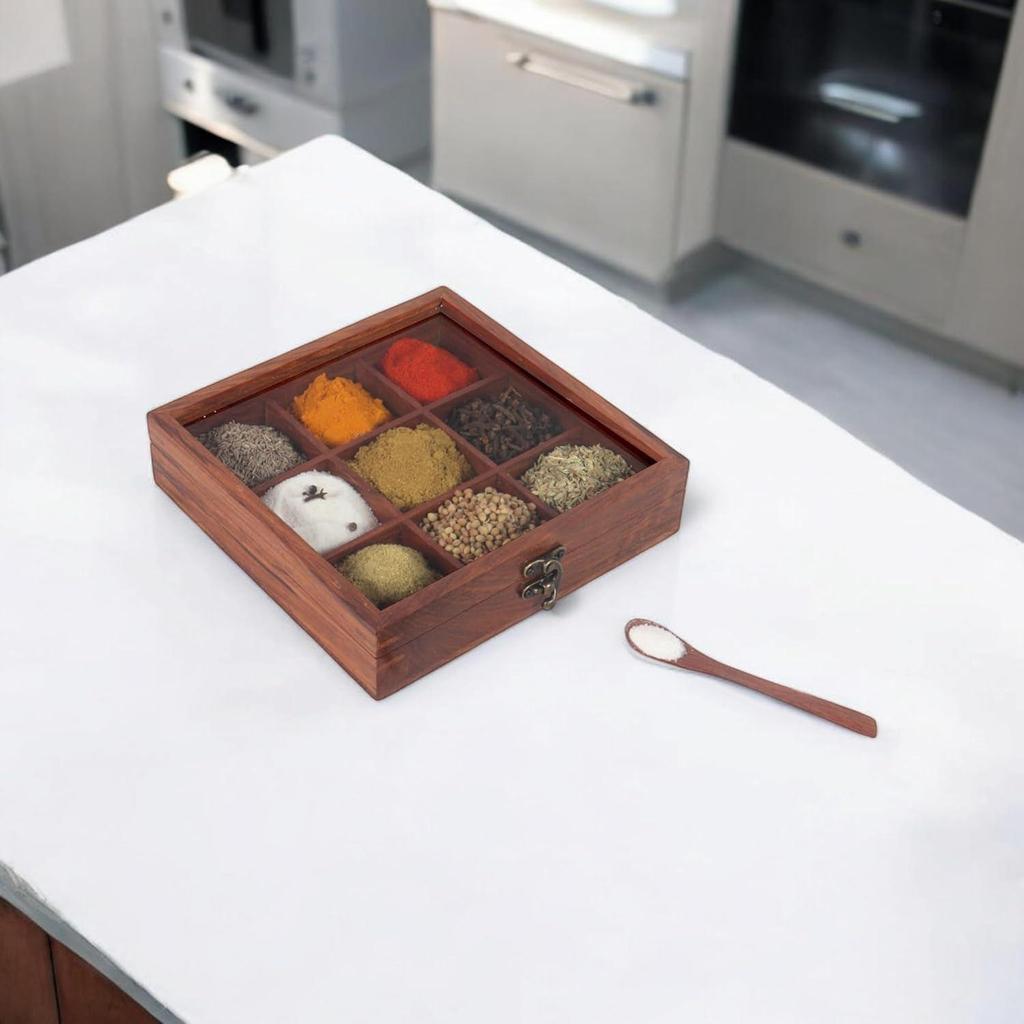 Wooden Spice Box With 9 Partitions & Spoon, Spice Container For Kitchen, Masala Dabba, Namakdani For Kitchen, Wooden Masala Box,