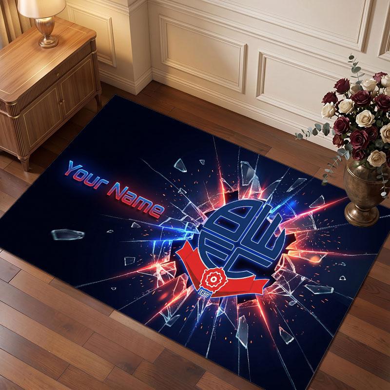 Bolton Wanderers FC Custom Crystal Velvet Rug, Personalized Name Text Print, Football Logo Soft Non‑Slip Floor Mat Home Decor Gift