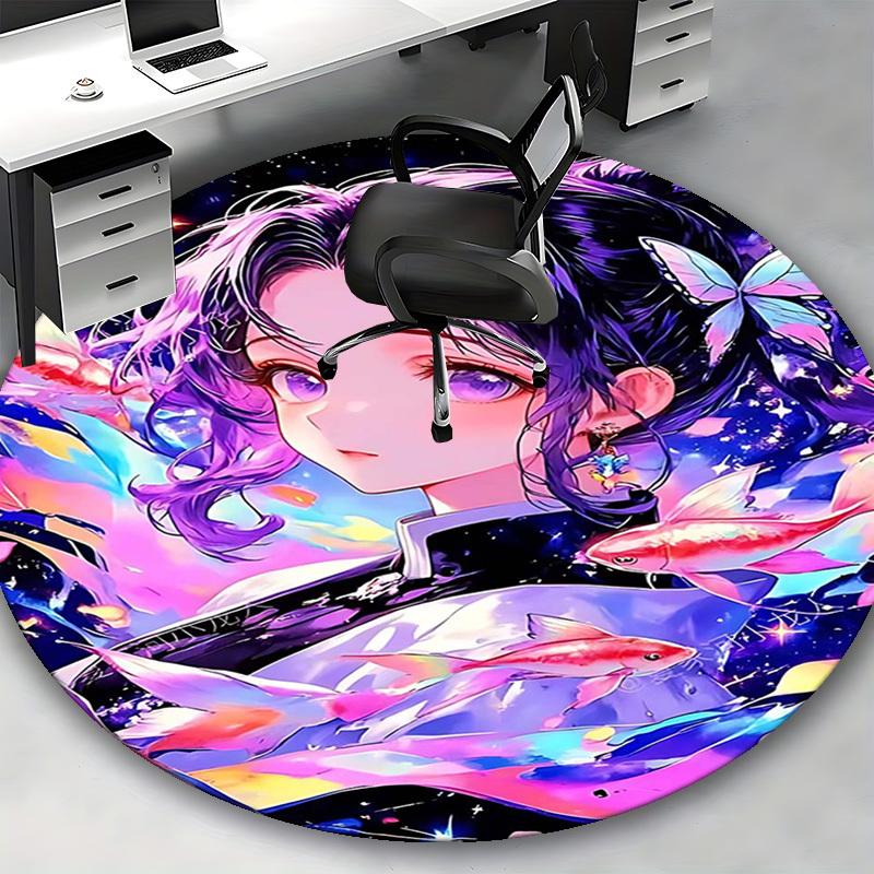 1pc Anime Design Round Carpet Office Chair Mat with Butterfly and Fish Print, Home Decor, Gaming Room, Gift