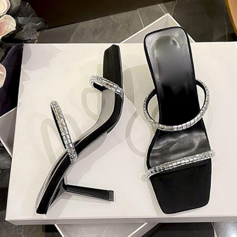 Fashion Eilyken New Summer Hollow Out Crystal Diamond Women Slippers Fashion Square Toe Thin Heels Stripper Sandals Shoes