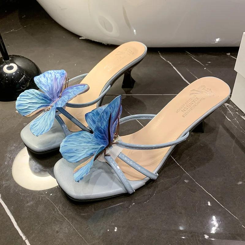 Fashion Blue Butterfly Women Slippers Square Toe Shoes High Heels Sandals Summer Elegant Bohemian Beach Shoes 2025 New Dress Pumps Mujer