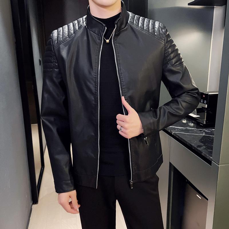 New Men's Slim Fit PU Leather Stand-Collar Jacket - Trendy Motorcycle Outerwear for Youth, Autumn/Winter.
