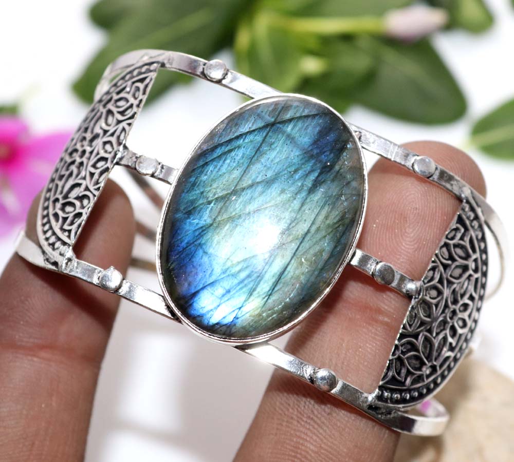 Huge Fiery Labradorite 925 Silver Plated Bangle 6.5" Bohemian Style Gift J7Q54