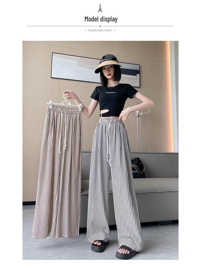 Ice Silk High Waist Wide Leg Pants for Petite Women - Slimming, Drapey, and Stylish Striped Trousers for Summer