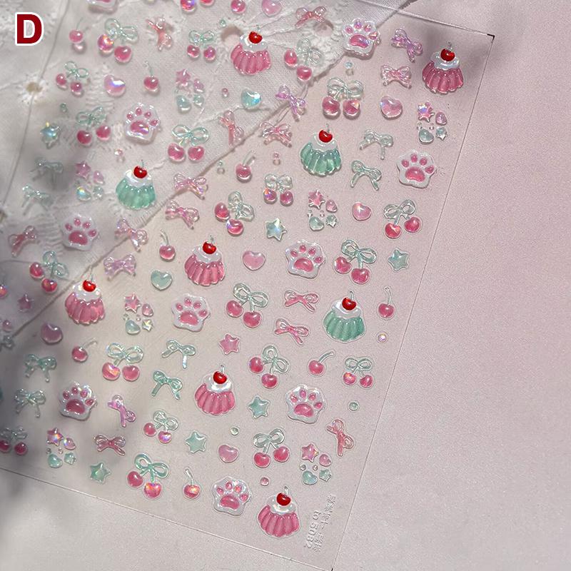 Fresh Sweet Fruits Strawberry Cherry Bowknot Love Heart Bow 5D Nail Art Stickers Self Adhesive Decorations Nail Manicure Decal