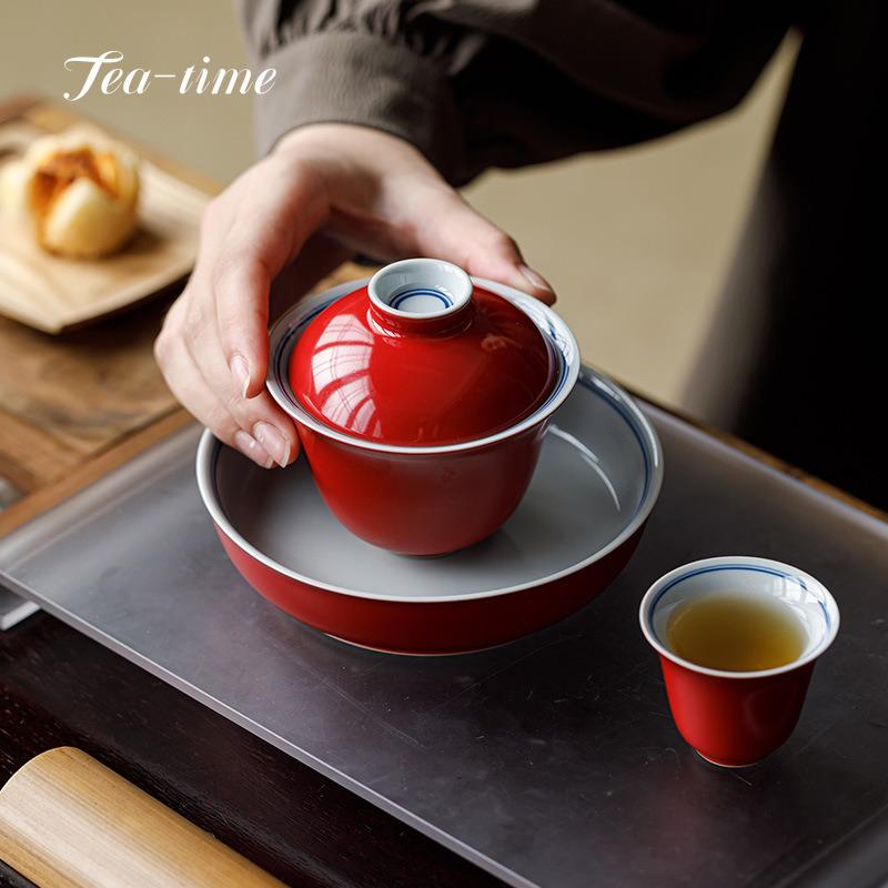 Handbemalte Keramik Gaiwan Teeschale Verbotene Stadt Rote Deckelschale Chinesisches Tee-Werkzeug Tasse Kung Fu Chawan Hersteller Chhai Oolong Tassen