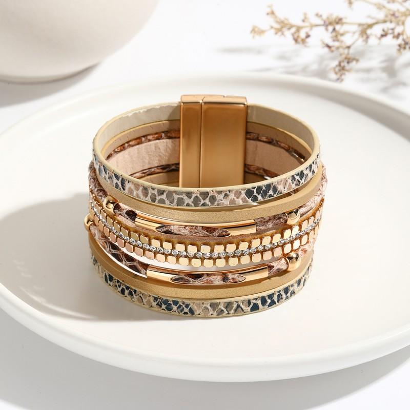 Womens Snake Skin PU Leather Braided Bracelet With Magnetic Clasp Beaded Adjustable Wristband Fashion Accessory