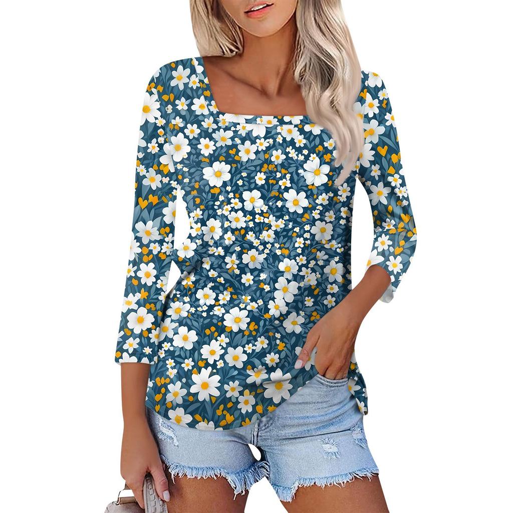 Shirt For Women's Fashion Casual Square Neck 3/4 Sleeve Loose Printed T-Shirt Ladies Top