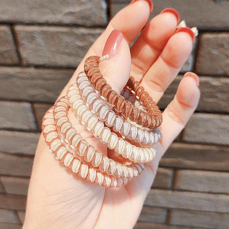 Korean Style Coffee Color Telephone Cord Hair Tie - Transparent Elastic Band for Women's Ponytail