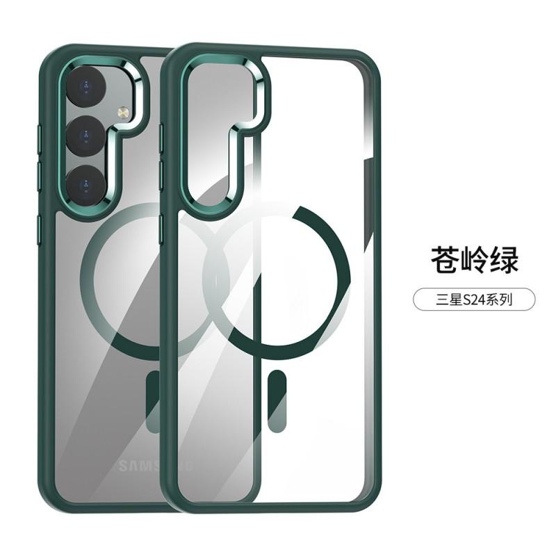 Magnetic Snap-On Phone Case Galaxy S24 Ultra Plus TPU Bumper With Metal Camera Ring Transparent Hard PC Back