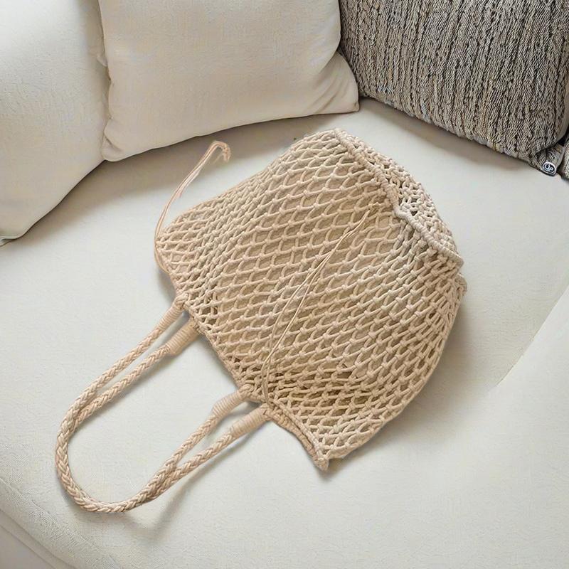Hollow Cotton Rope Handwoven Fishnet Bag - Lazy Vintage Cotton Shoulder Tote for Beach Vacation
