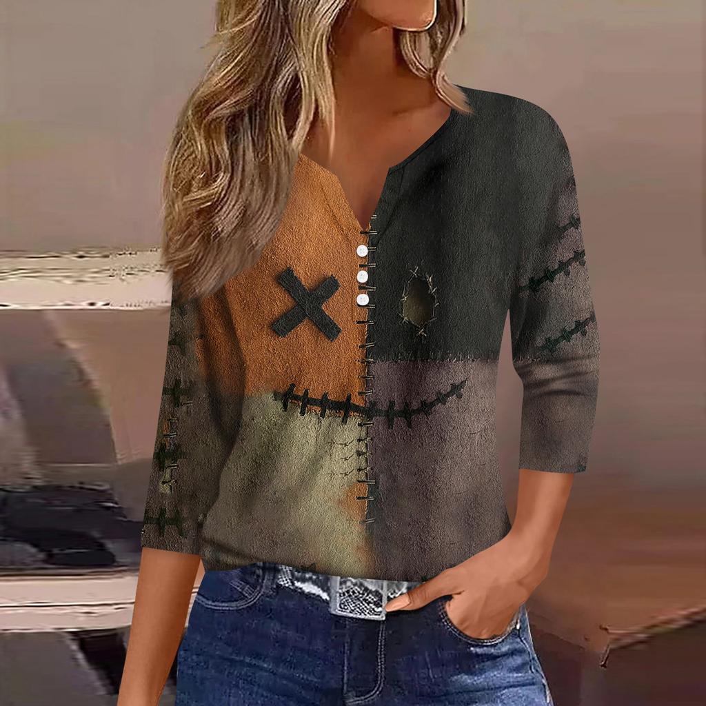 Women's Fashion Button-Up V-Neck Three-Quarter Sleeve Halloween Print Top