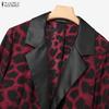 ZANZEA Women Leopard Print Cardigan Blazer and Pants Casual Two Piece Suit Sets