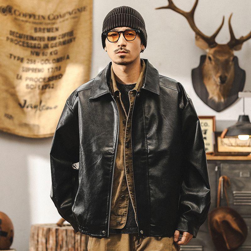 Retro jacket men's spring and autumn trendy brand tough guy tooling men's leather jacket loose locomotive clothing casual leather jacket men