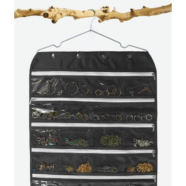 Hanging Jewelry Organizer with Zipper,Dual-Sided 56 Clear Pockets for Earrings Necklace Bracelet Ring Accessory Display (Black)