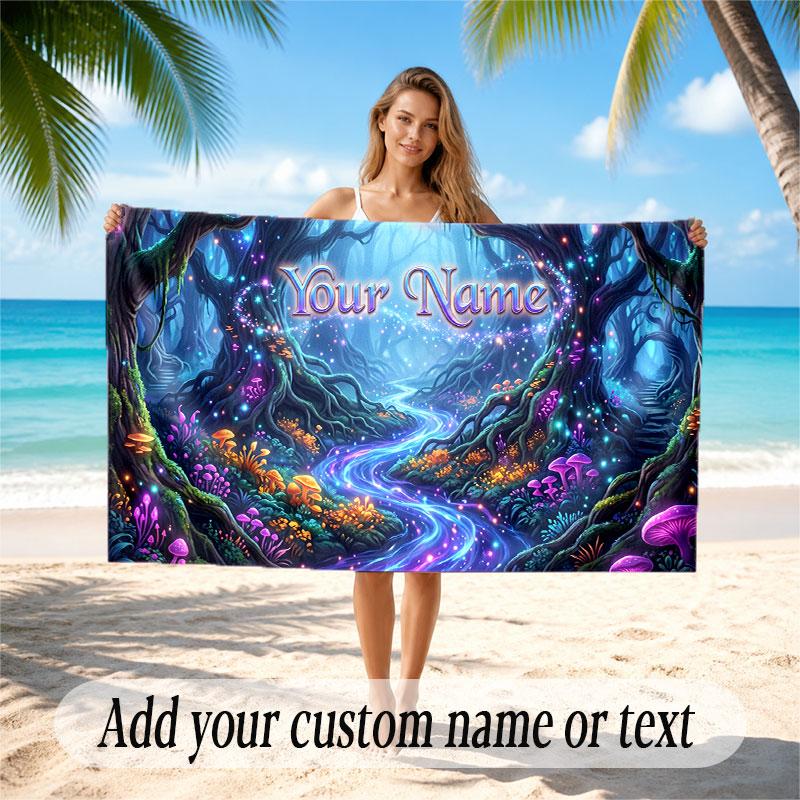 Mushroom Forest Theme Soft Beach Towel Personalized Custom Name Text Towel Portable for Beach Pool Travel