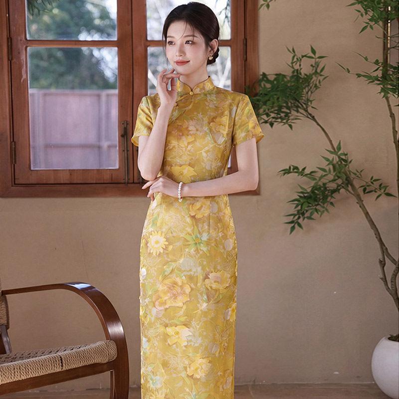 Yellow send test national style new Chinese style Suzhou long cheongsam improved young 1011 new women's high sense summer