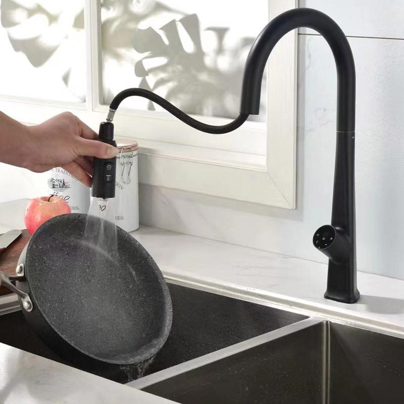 Brass Pull Out Kitchen Sink Faucet Temperature Display Push Switch Hot And Cold Mixer Water Faucet Multifunction Sink Tap