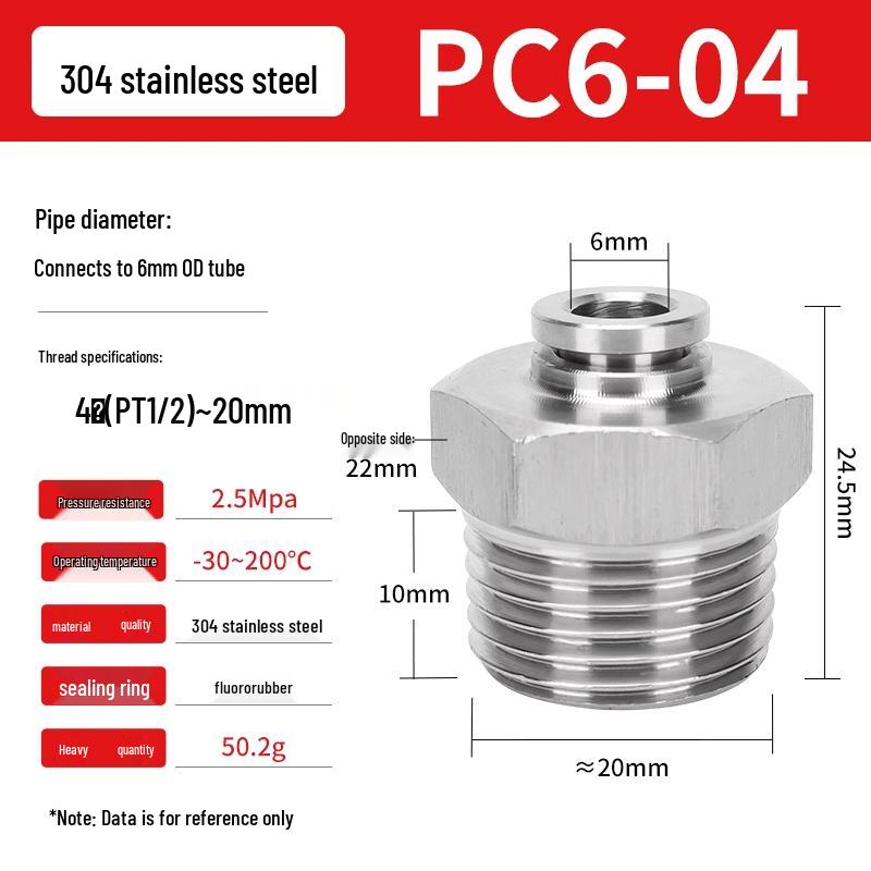 304 Stainless Steel Pneumatic Quick Push-in Connector, PC16-06/PC8-02 Swivel Elbow, PL6-M5/04
