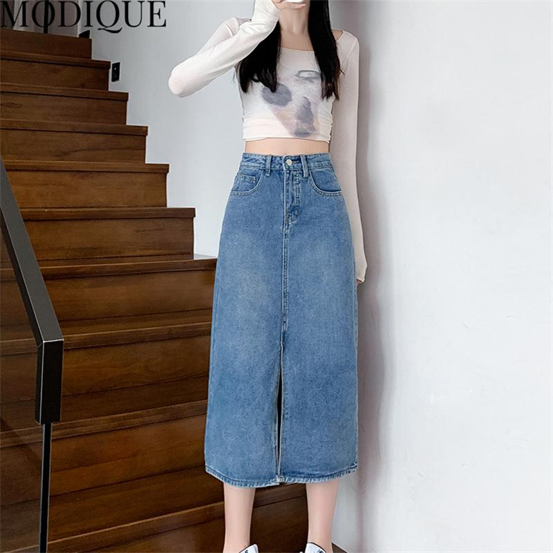 MODIQUE Podzim Nové Ženy Ležérní Vintage Džínovina Dlouhá sukně s vysokým pasem Džínovina Dámská Volná Jednobarevná Sladká Zoufalá Modrá Sukně Zima