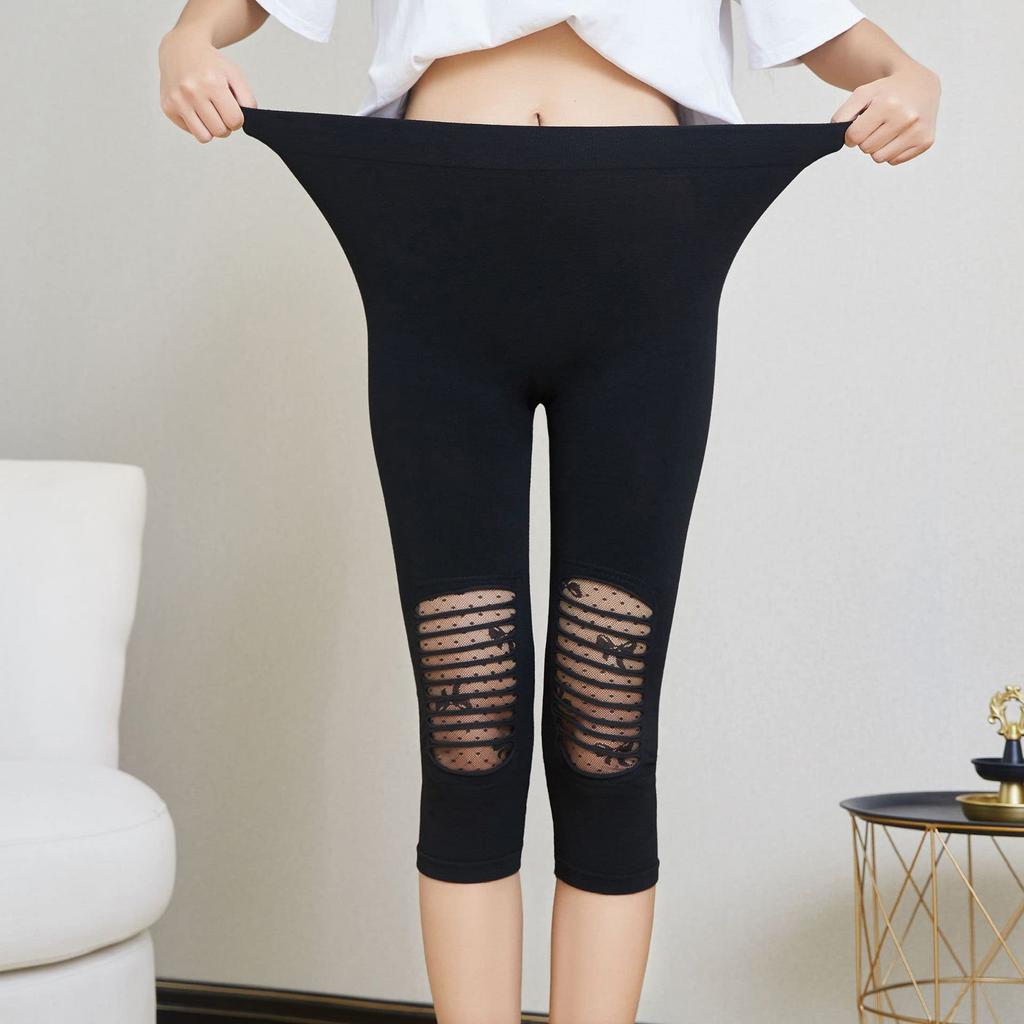 Rubitas Length Distressed Print Skinny Short Spats 3/4 Leggings, Pants, Leggings, Tights, (Knit, Asymmetrical)