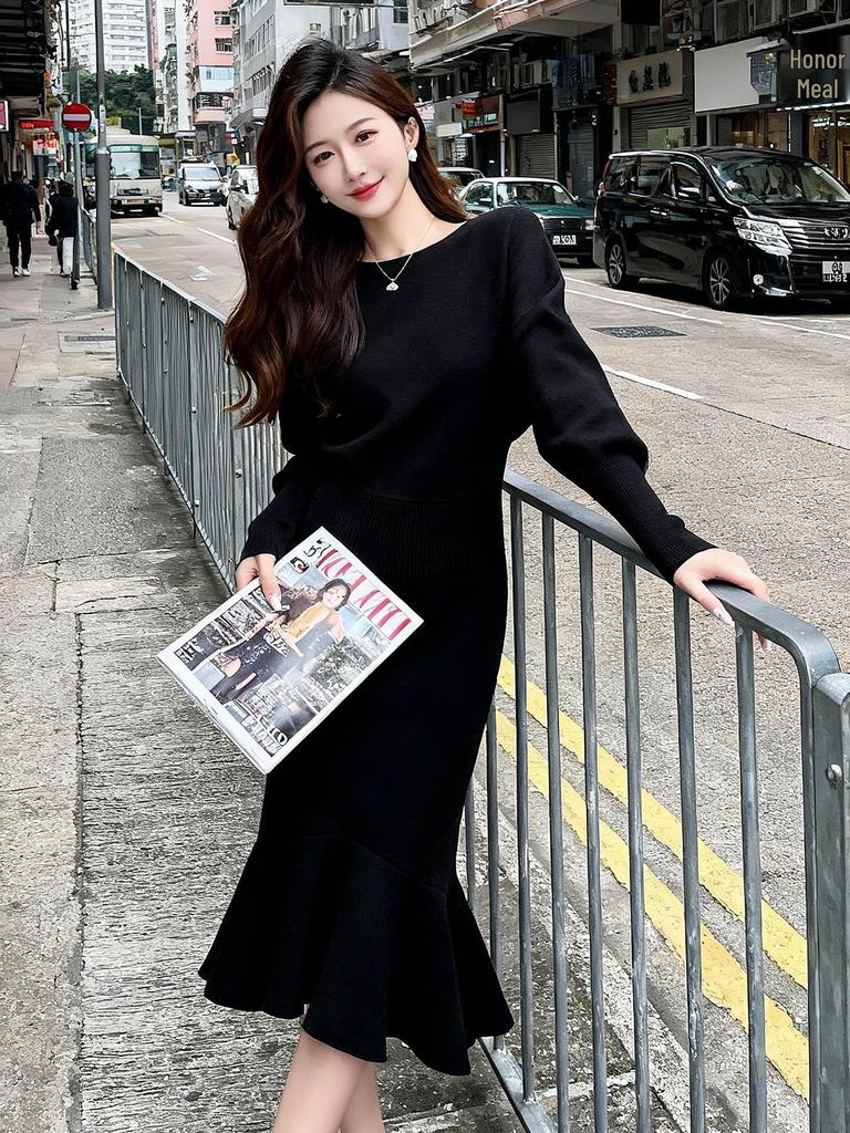 Elegant Black Mermaid Skirt Dress: Women's Long Sleeve, Over-the-Knee Knitted Style