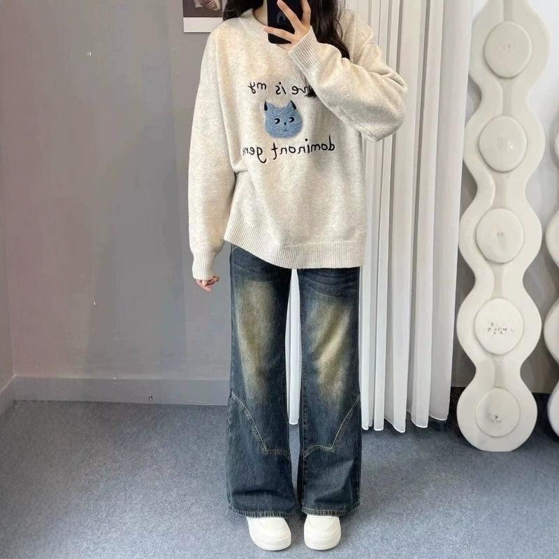 

Women s 2024 Cat Embroidery Round Neck Thick Pullover Sweater - Loose, Casual Autumn/Winter Knitted Top XL абрикосовий