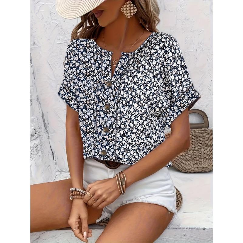 

New Short Sleeve Summer Floral Printed Women Shirts Elegant Plus Size Loose T-shirt V Neck Sweet Tops Casual Simple Office Blouse Holiday Clothing 5XL чорний