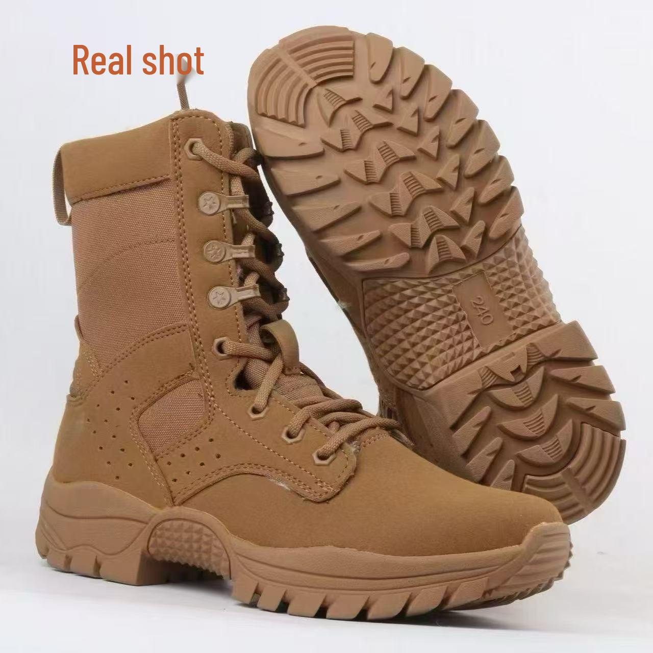 Men s Genuine Leather Combat Training Boots - Side Zipper, Ultra-light, Breathable, Waterproof, Wear-resistant Desert Hiking Boots - Brown. 36