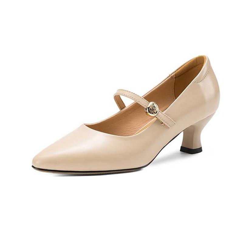 Krazing Pot Genuine Leather Round Toe Thin Heels Summer Shoes Solid Big Size 42 Shallow Decoration buckle Women Shallow Pumps