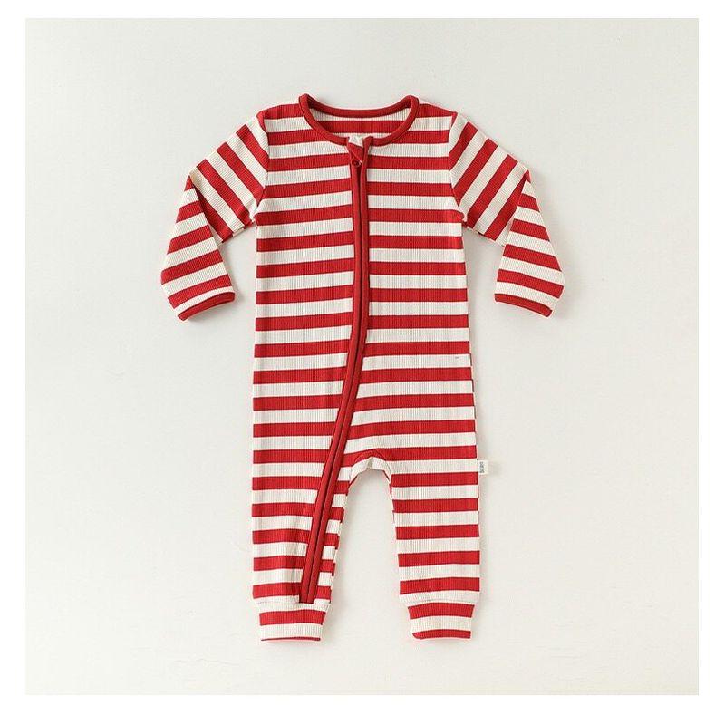 

New Year Red Striped Infant Unisex A-Class Romper Bodysuit Home Wear Jumpsuit Red and White Striped Side Zipper 66 cm