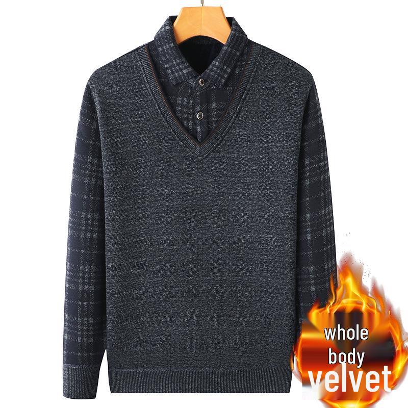 Middle-aged & Elderly Men's Thickened Velvet Knit Sweater Faux Two-Piece
