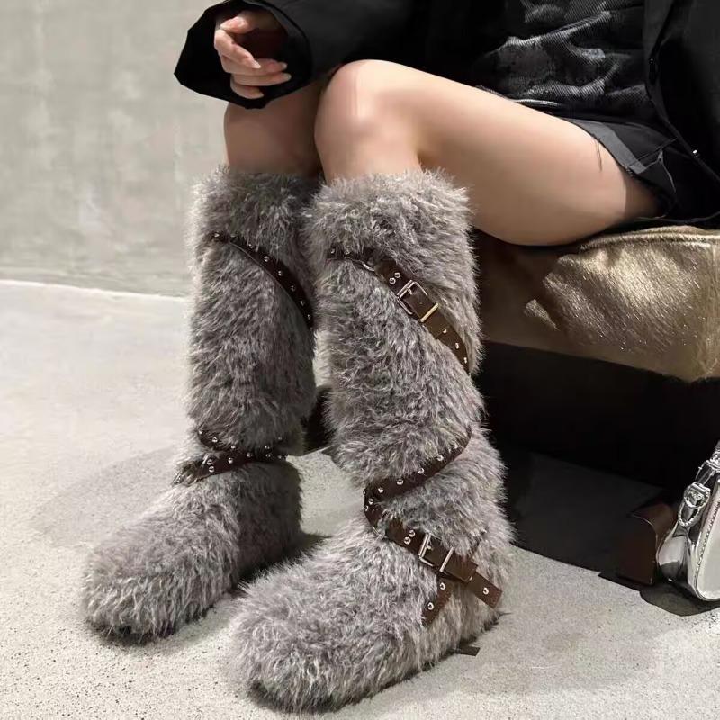 

High Snow Boots Winter New Round Toe Suede Rivet Metal Buckle Soft Sole Anti-slip Wear-resistant Cotton Shoes 35 серый