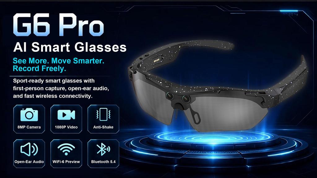 ERVPES AI Chytré brýle G6 Pro 1080P Kamera Stabilizace obrazu Bluetooth Hovor Překladač 26 Jazyků