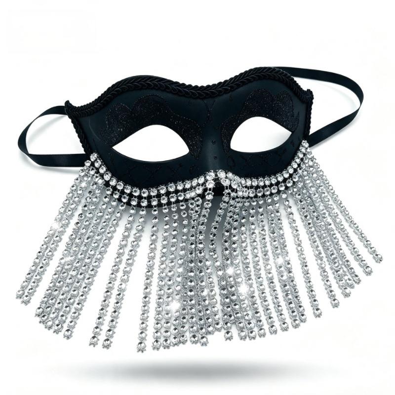 Black Glitter Rhinestone Tassel Half-Face Mask Venetian Masquerade Halloween Costume Party Ball Eyemask