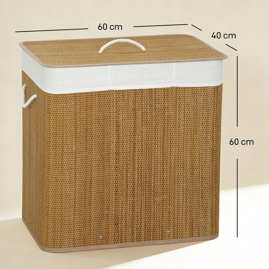 3 Section Laundry Basket with Lid, 144L Bamboo Laundry Hamper with Handles, Removable and Washable Liner, Brown