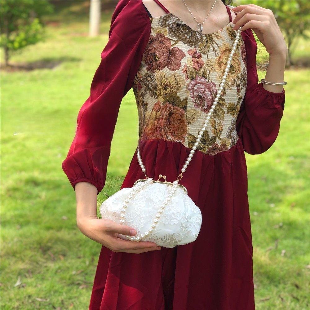 

Retro Lace Flower Women Dinner Party Handbag Luxury Design Pearl Chain Ladies Evening Clutch Purse Female Crossbody Bag Elegant 24x14cm белый
