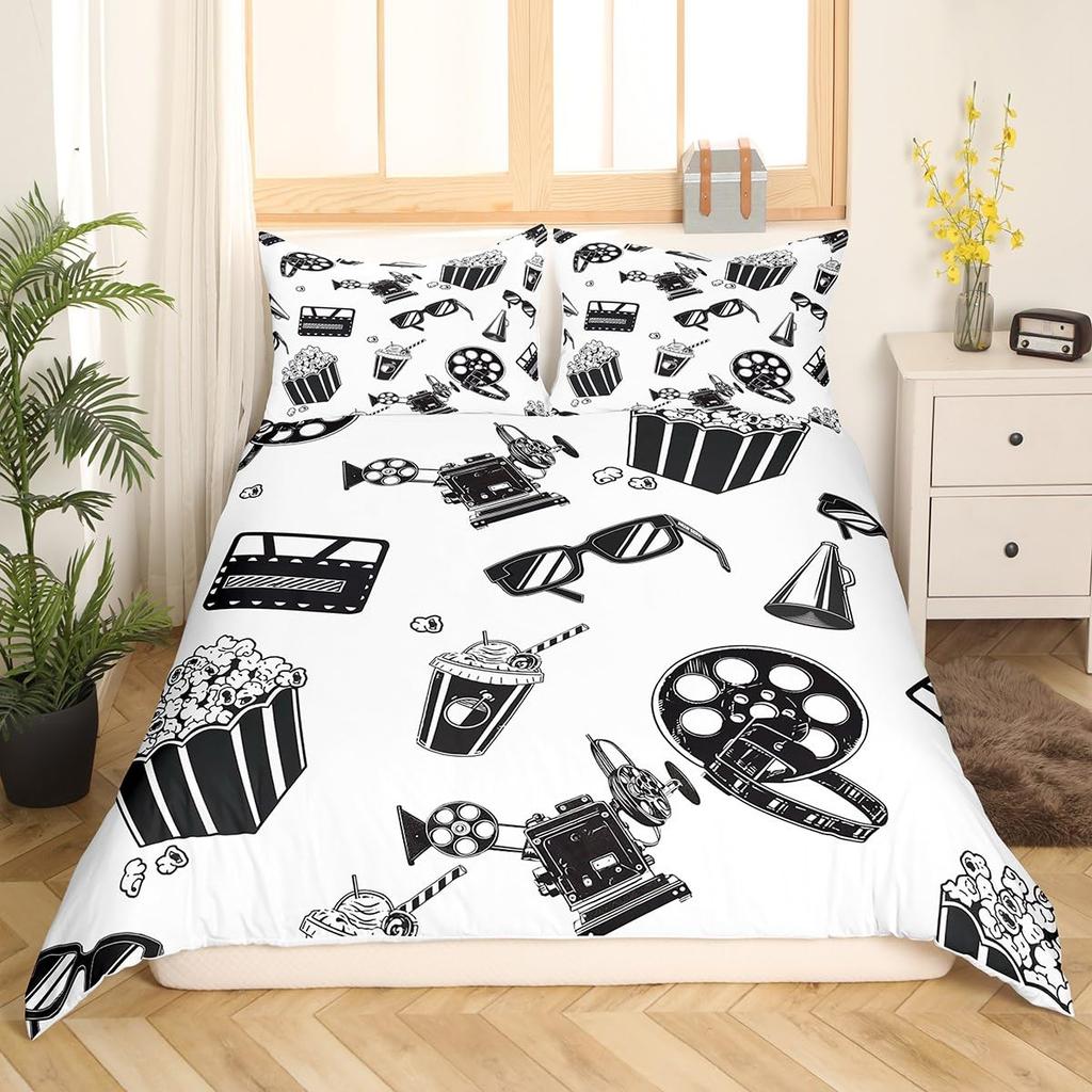 Popcorn Food Bedding Set King Queen Double Movie Theater Theme Duvet Cover Filmstrip Polyester Comforter Cover Blue Quilt Cover