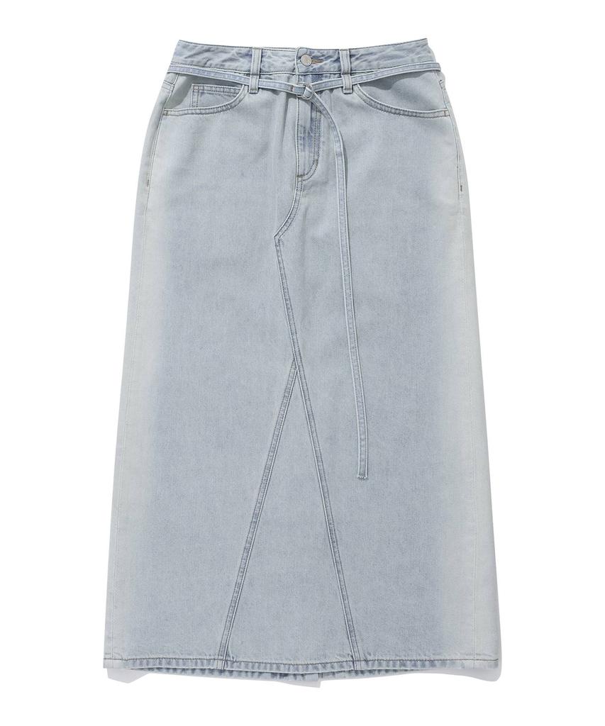Covernat Woman Belted Denim Long Skirt Light Blue