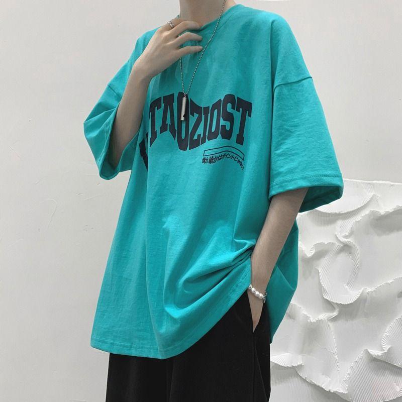 

Young Style Round Neck T-shirts Men s Clothing American Retro Letter Printed Summer Stylish Short Sleeve Casual Loose Pullovers S синий