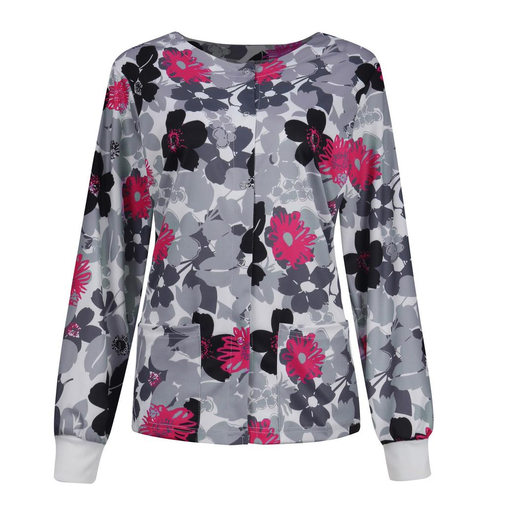 Women Casual Fashion Long-sleeved Stand-up Collar Single-breasted Printed Women's Protective Overalls Jacket Top