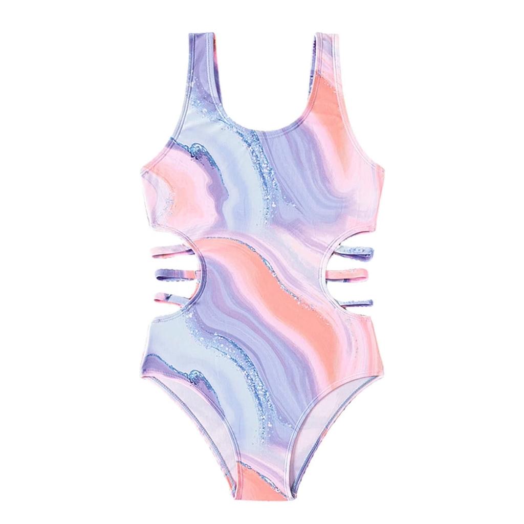 Mädchen Badeanzug Einteiler Farbverlauf Tie-Dye-Print Ärmellos Ausgeschnittenes Rückendesign Bequeme Passform Bademode für Kinder Strand Pool
