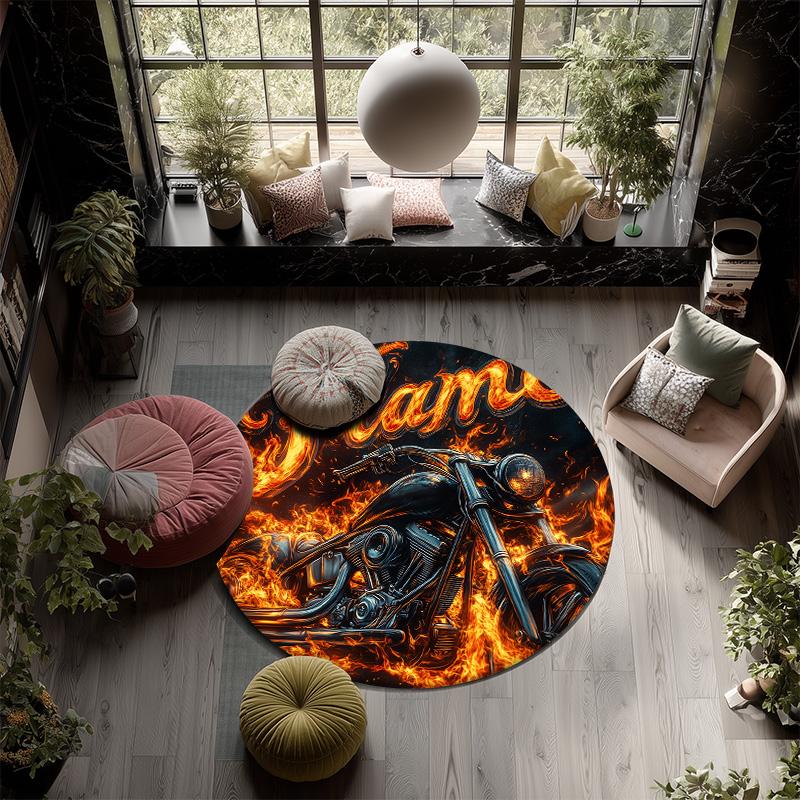 Flame Motorcycle,Round Area Rug,Carpet Rug for Living Room Bedroom Sofa Playroom Decor,Non-slip Floor Mat